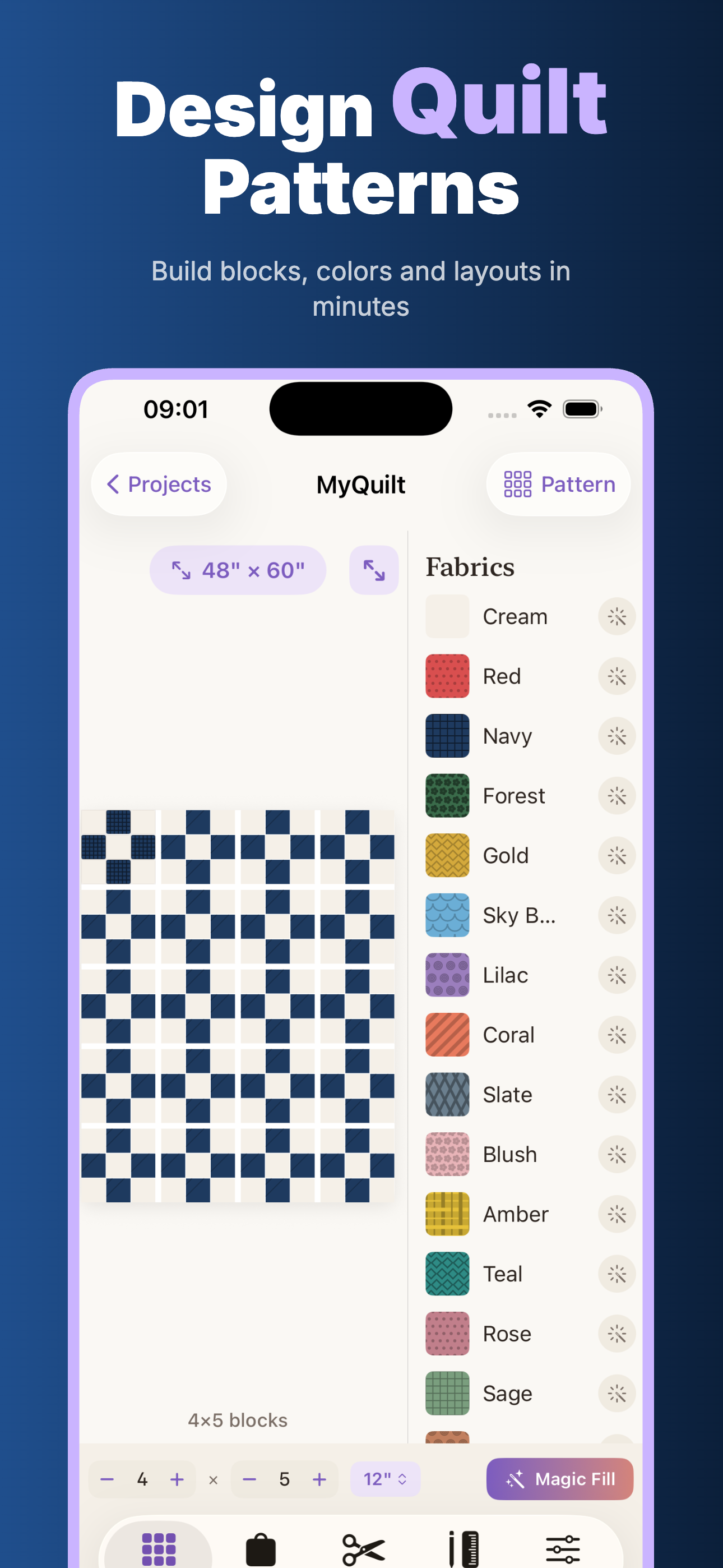 QuiltFit quilt size settings screen