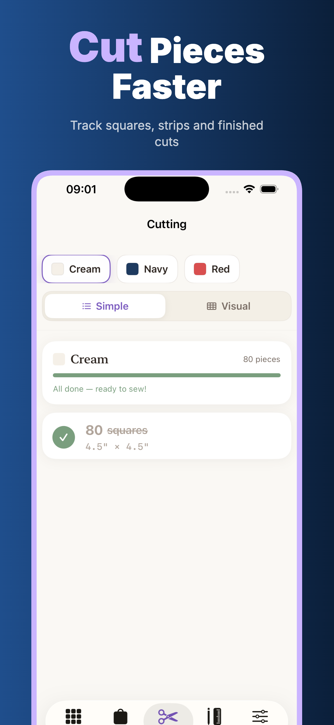 QuiltFit fabric shopping list screen