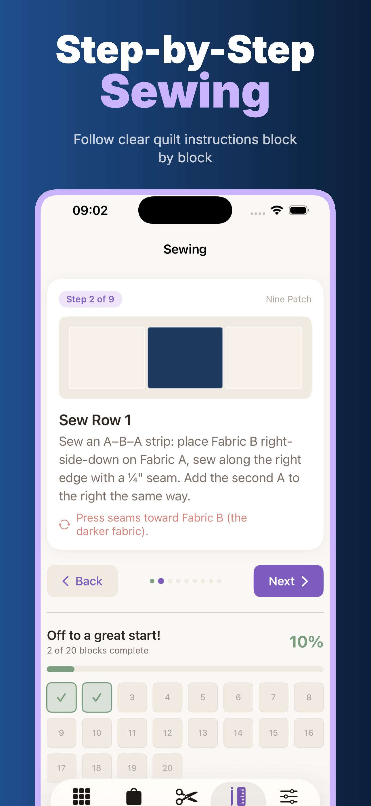 QuiltFit visual cutting plan screen