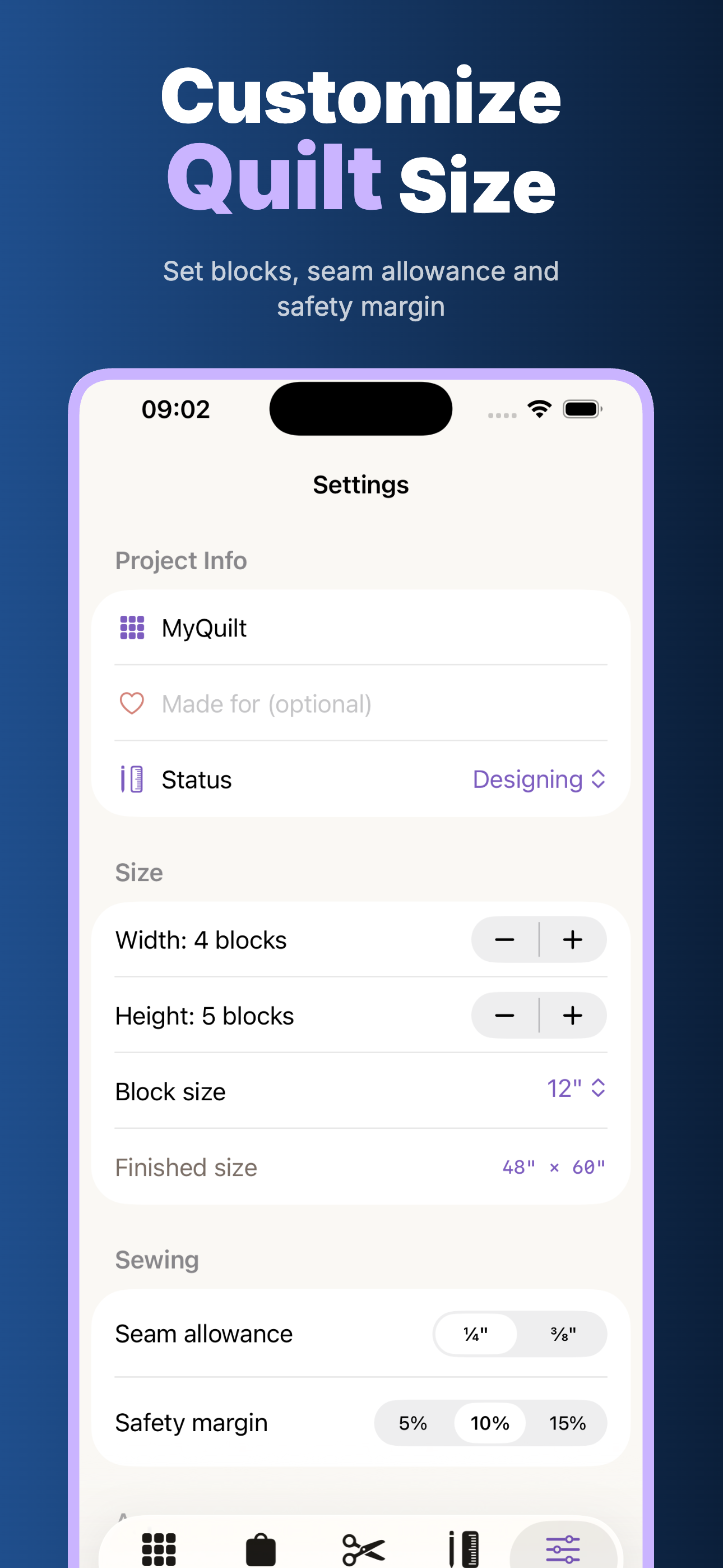 QuiltFit pattern editor with fabric list